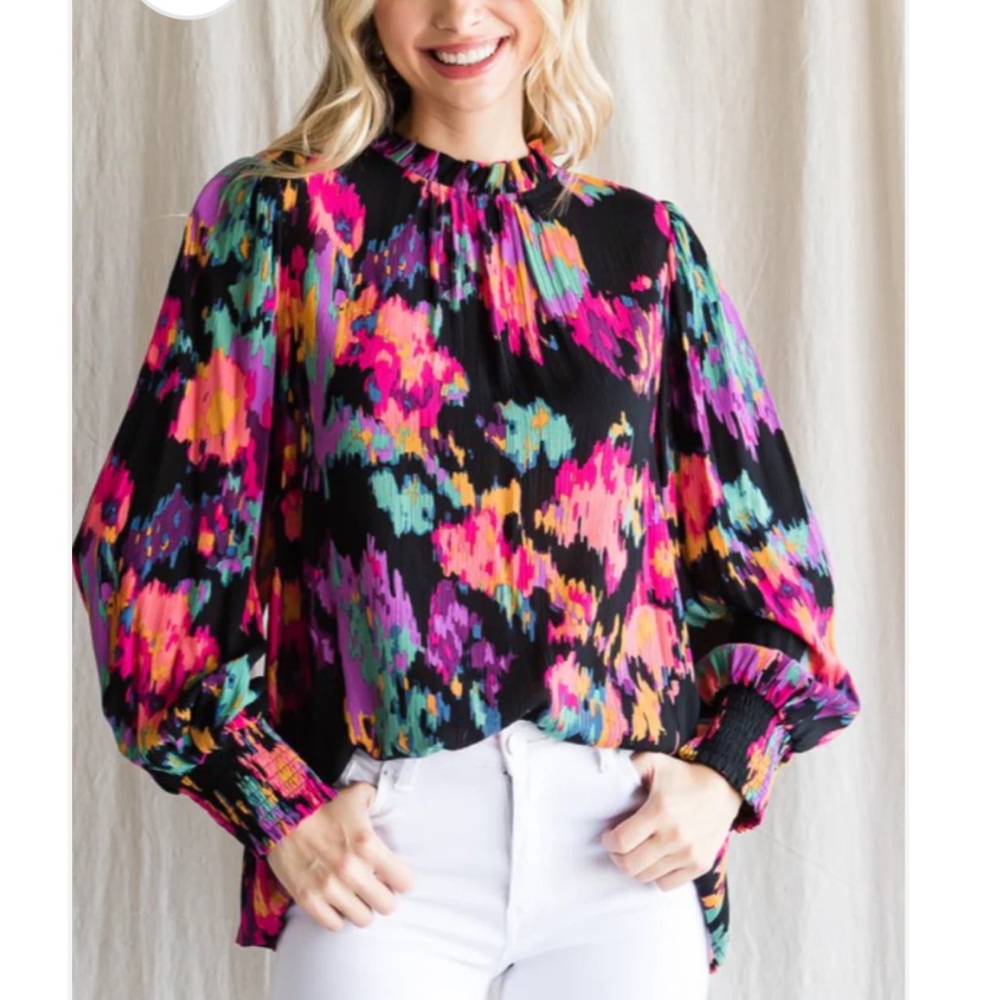 EUC Jodifl Size Small Multicolor Women's Boutique Top Smocked Sleeve Ruffle Neck